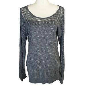 Roz & Ali Women's Embellished Knit Gray Sweater Scoop Neck Long Sleeve Large